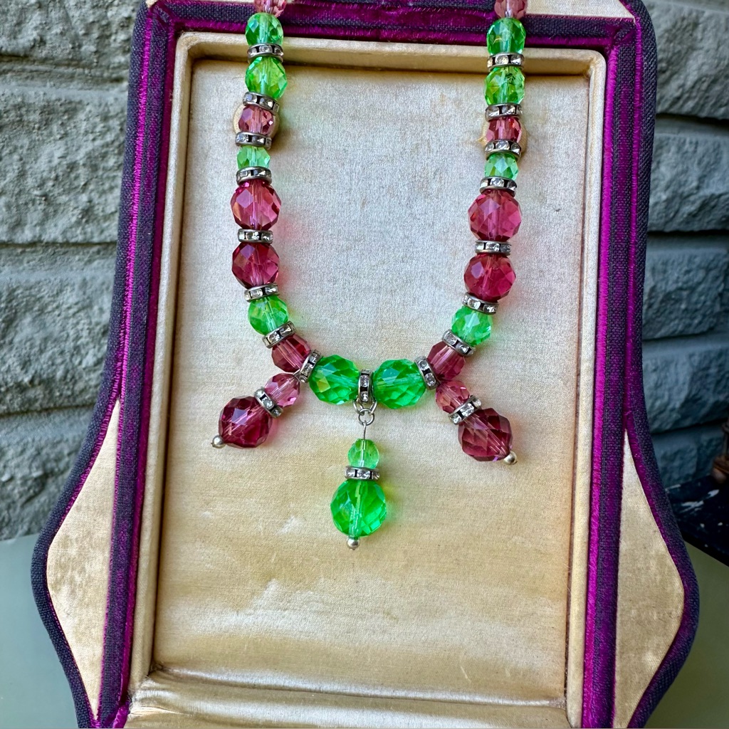 French Art Deco Old Czech Glass Beaded Pink And Green Crystal Princess Necklace